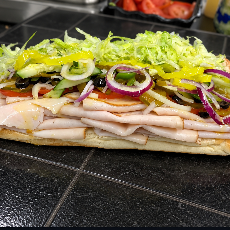 Overstuffed sub sandwich layered with turkey, lettuce, tomatoes, cucumbers, olives, banana peppers, and red onions.