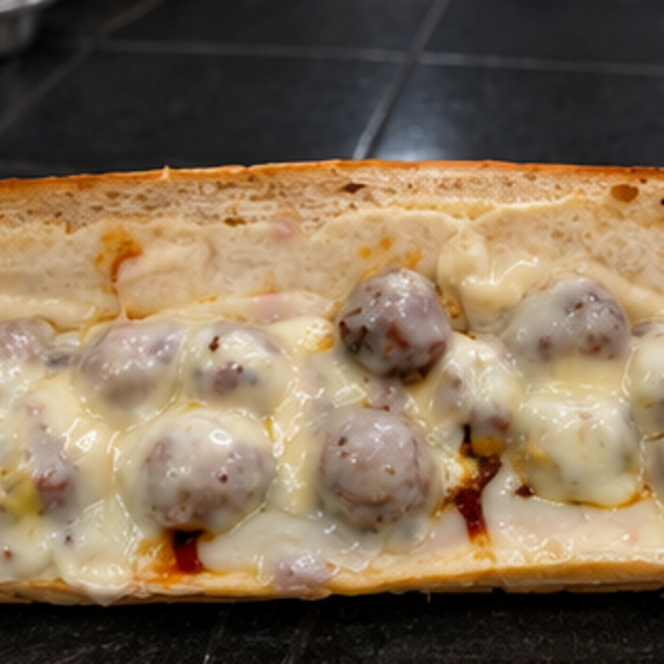 Toasted sub roll filled with meatballs and melted cheese on a dark tiled countertop.