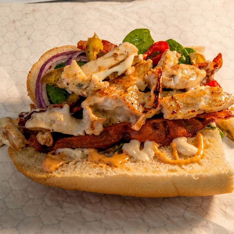 Loaded toasted sandwich with grilled chicken, bacon, melted cheese, lettuce, tomato, onion, and creamy sauce on a paper-lined counter.
