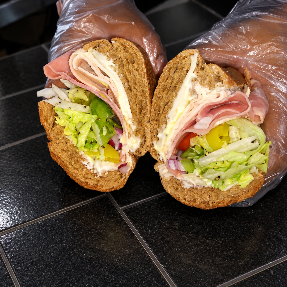 Two toasted submarine sandwiches filled with deli meats, cheese, lettuce, tomatoes, onions, peppers, and creamy sauce.