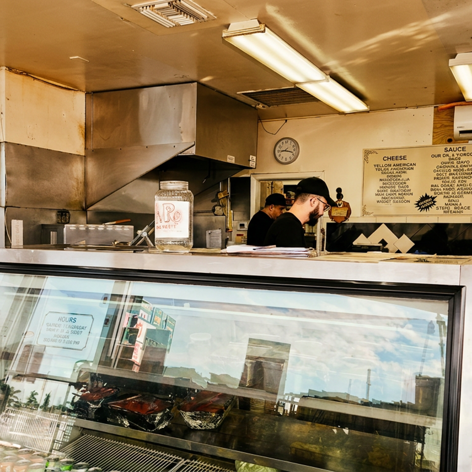 Classic diner counter with Coca-Cola fountain, glass food display, menu board, and two employees behind the serving area.