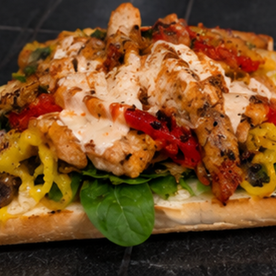 Grilled chicken sandwich topped with melted cheese, roasted peppers, spinach, and creamy sauce on a toasted roll.