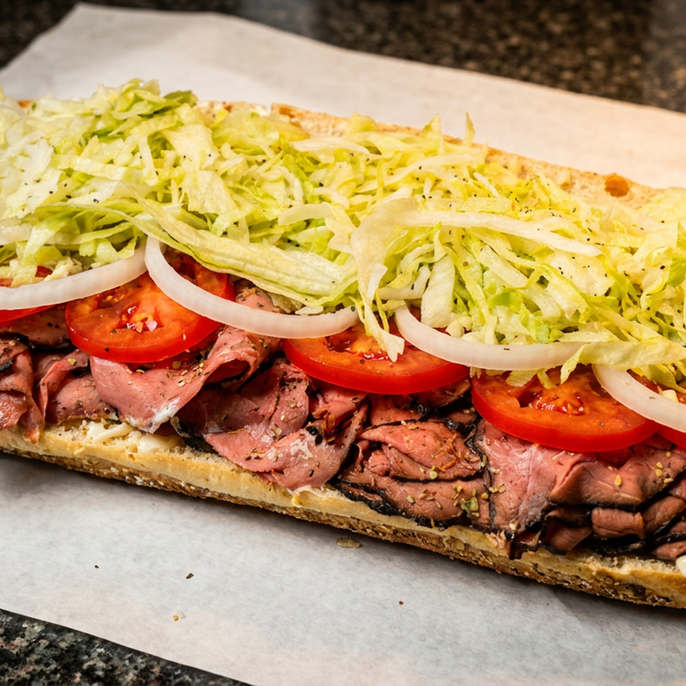 Open-faced roast beef sandwich on toasted bread topped with tomatoes, onions, shredded lettuce, and creamy sauce.