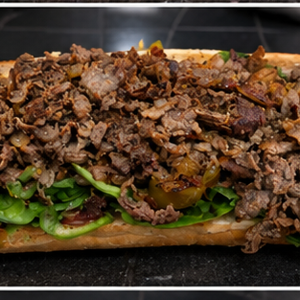 Overstuffed toasted sandwich piled with shaved grilled beef, sautéed onions, and fresh green lettuce on a dark surface.