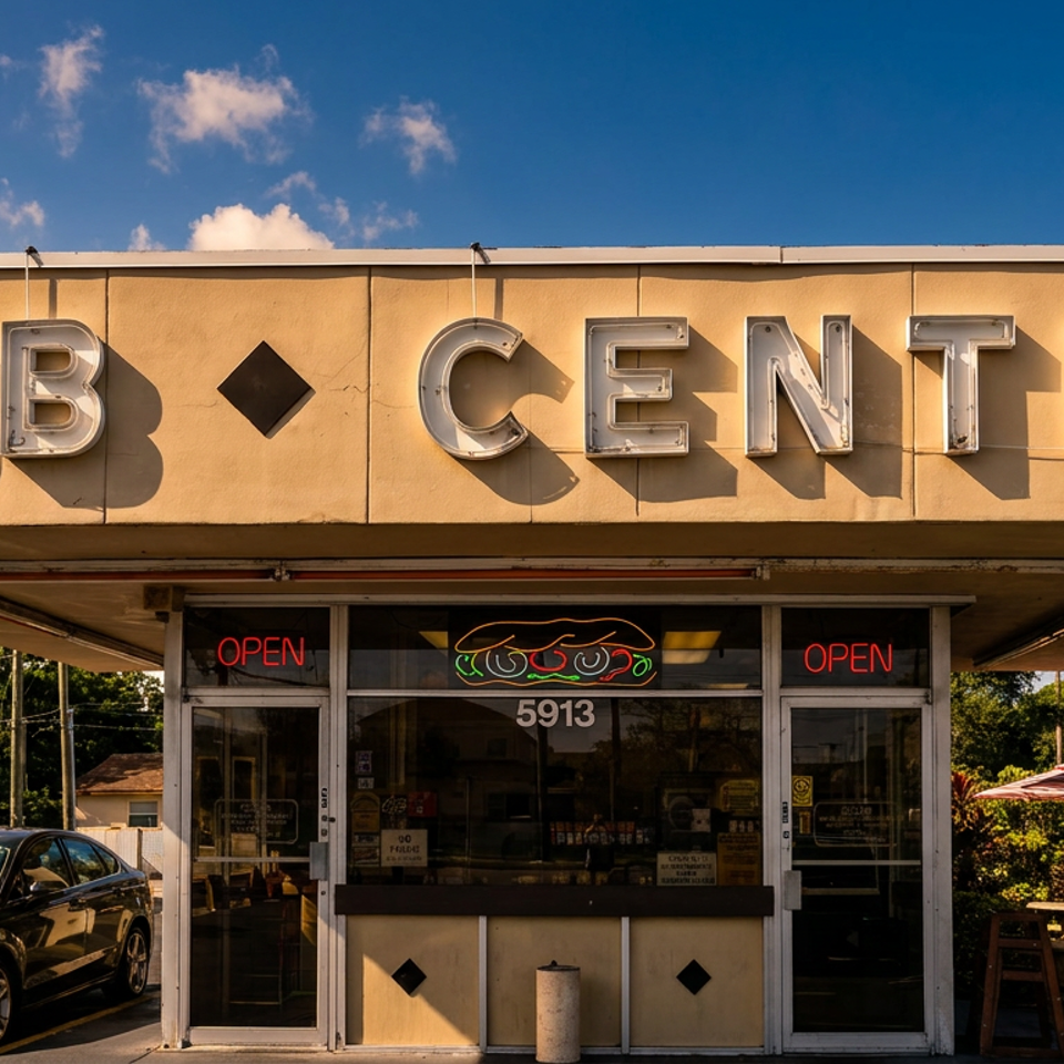 Sub Center restaurant storefront with large lettering, neon open signs, outdoor seating, and a parked car under a sunny blue sky.