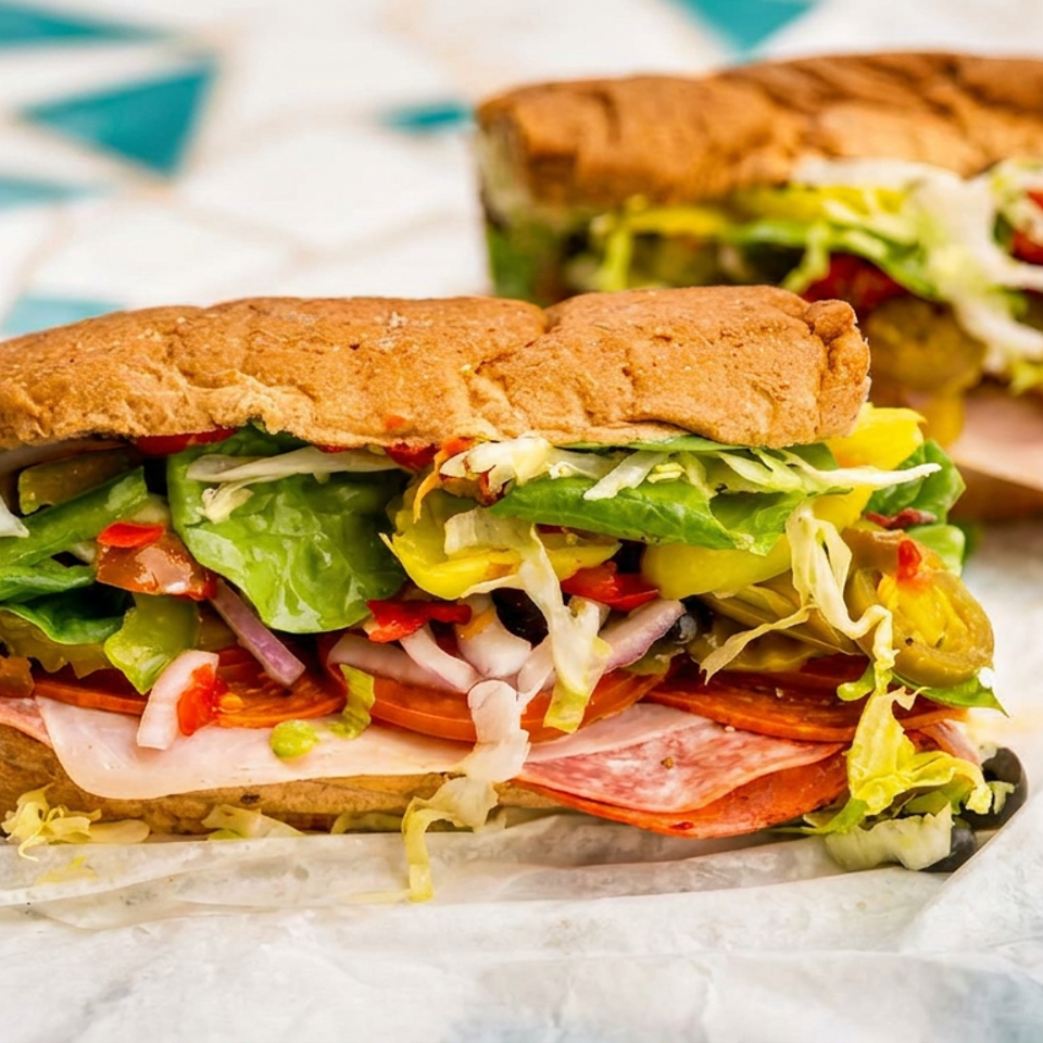 Loaded deli sandwich with sliced meats, lettuce, tomato, peppers, onions, and pickles on a tiled table.