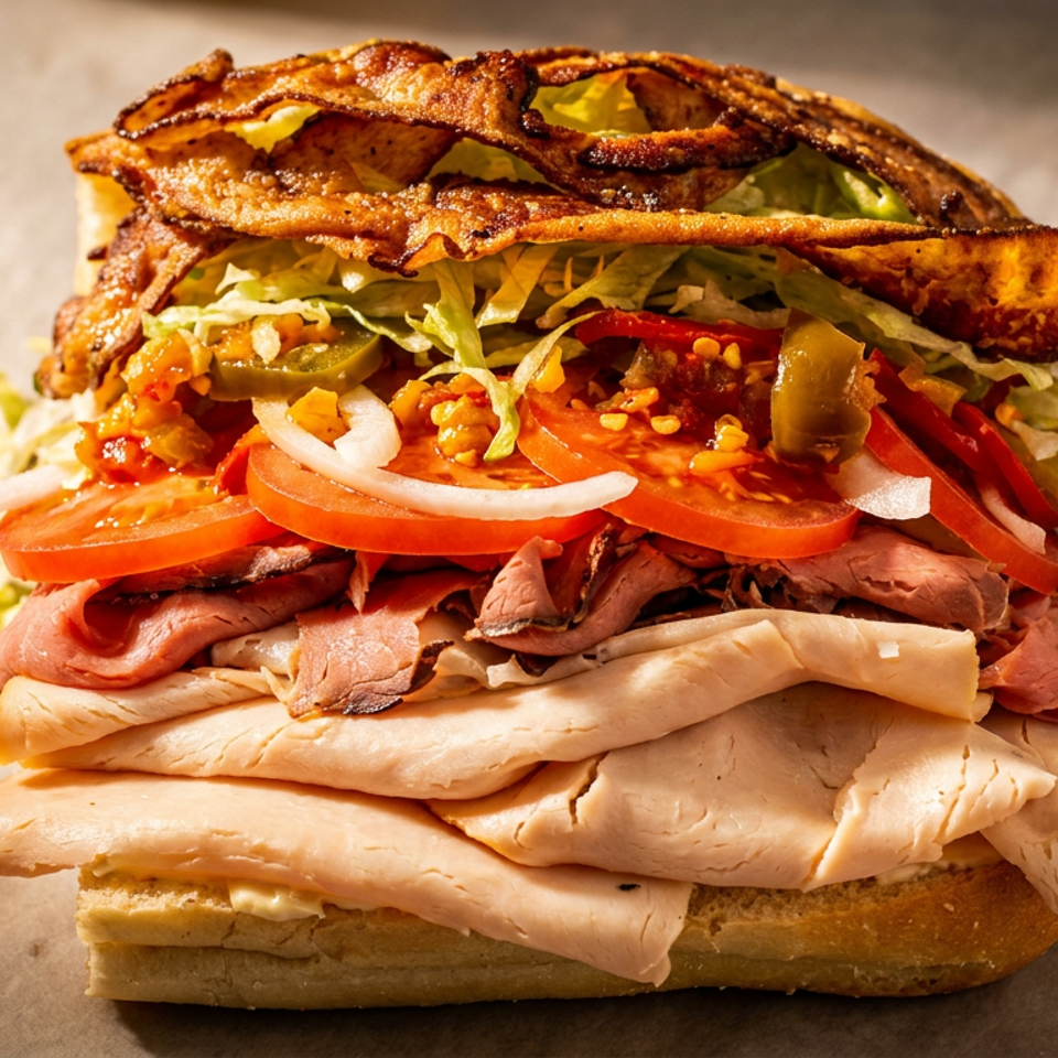 Towering toasted sandwich layered with turkey, roast beef, tomatoes, onions, lettuce, peppers, and crispy bacon.