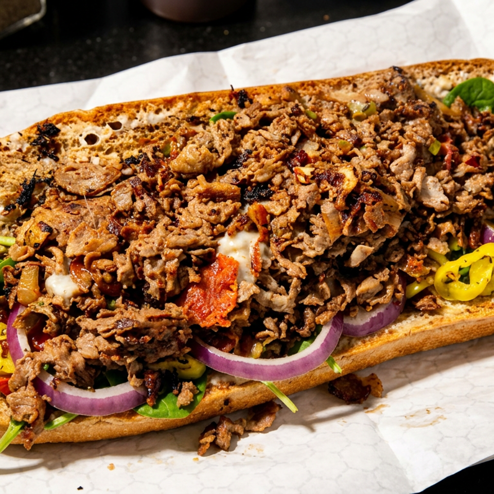 Loaded toasted sandwich topped with shaved meat, spinach, red onion, banana peppers, tomatoes, and creamy sauce on white paper.