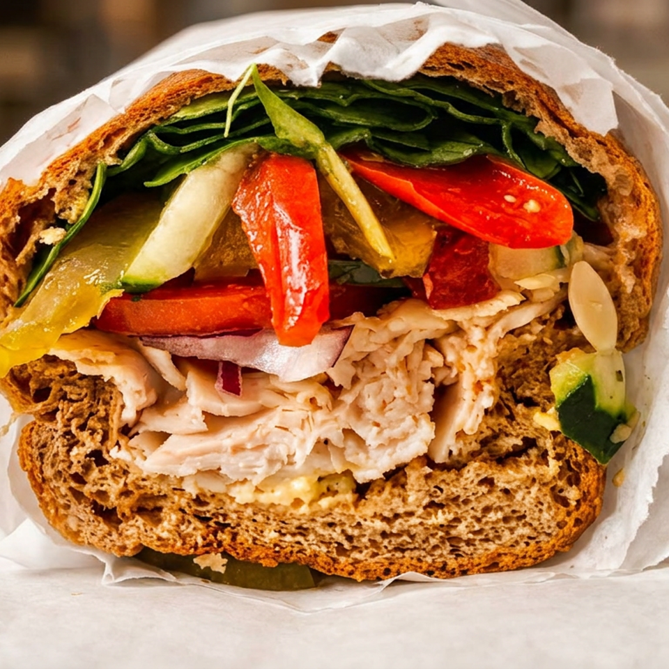 Close-up of a multigrain sandwich wrapped in paper, filled with shredded chicken, leafy greens, tomatoes, avocado, and vegetables.