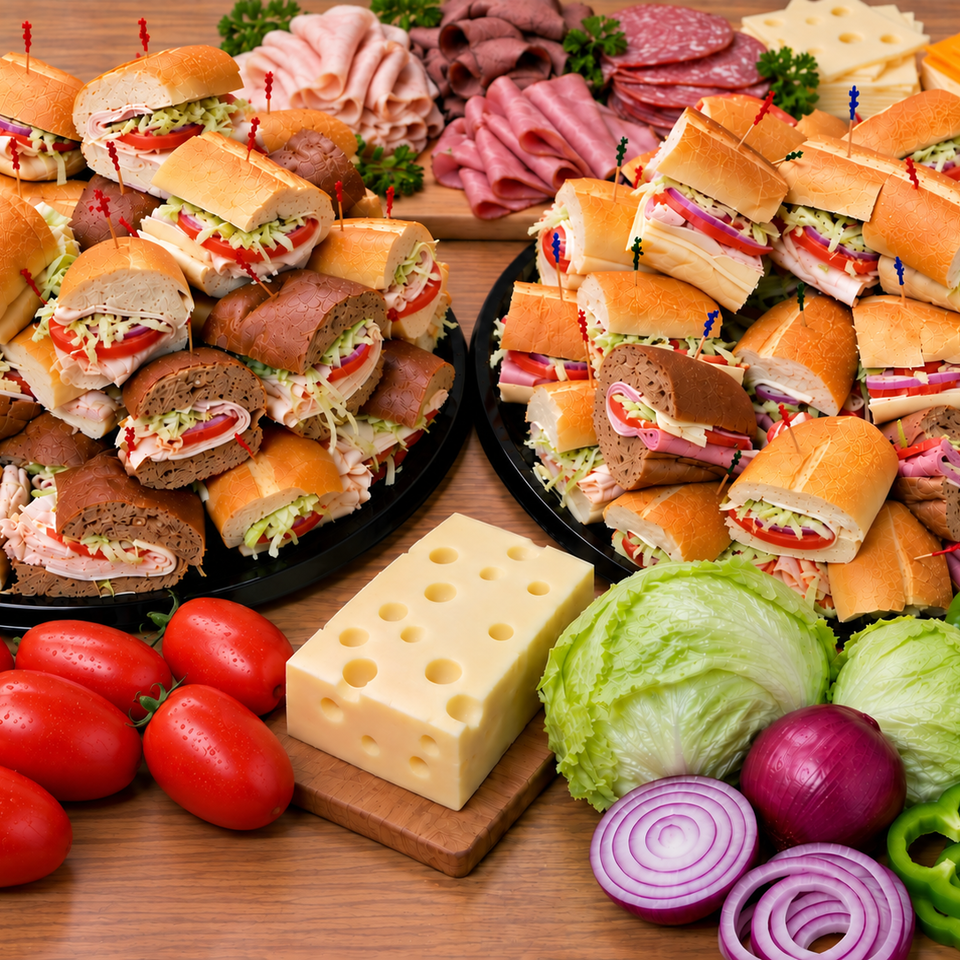 Two platters of deli sandwiches surrounded by sliced meats, cheese, tomatoes, lettuce, onions, and peppers on a wooden table.