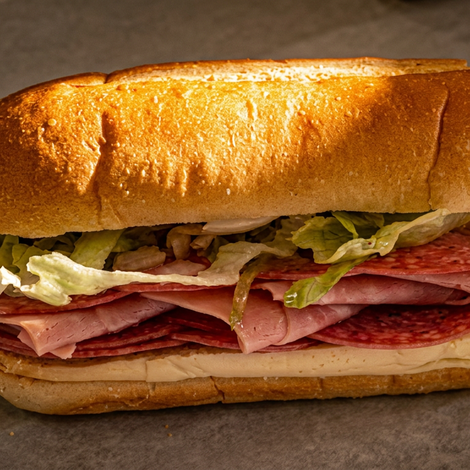 Overstuffed Italian sub sandwich with salami, ham, cheese, lettuce, tomatoes, and peppers on a toasted roll.