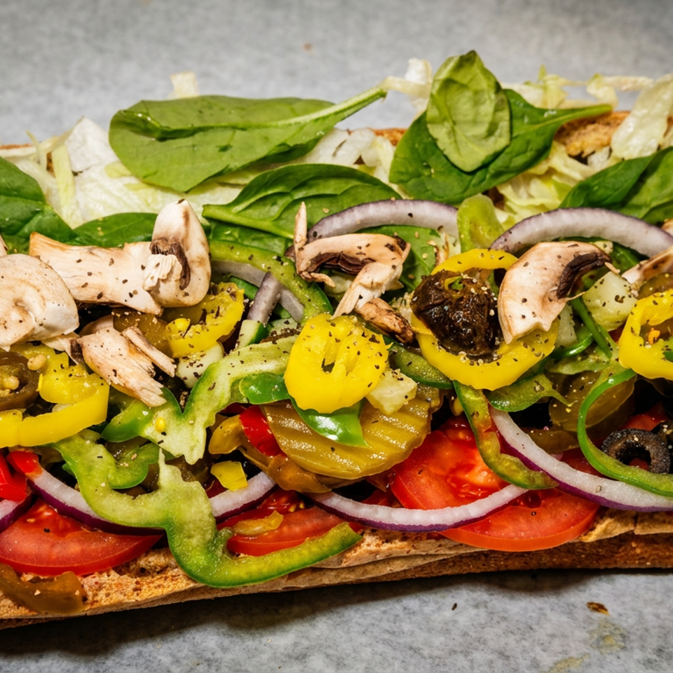 Open-faced vegetable sandwich on toasted bread topped with tomatoes, peppers, onions, mushrooms, olives, banana peppers, lettuce, and spinach.